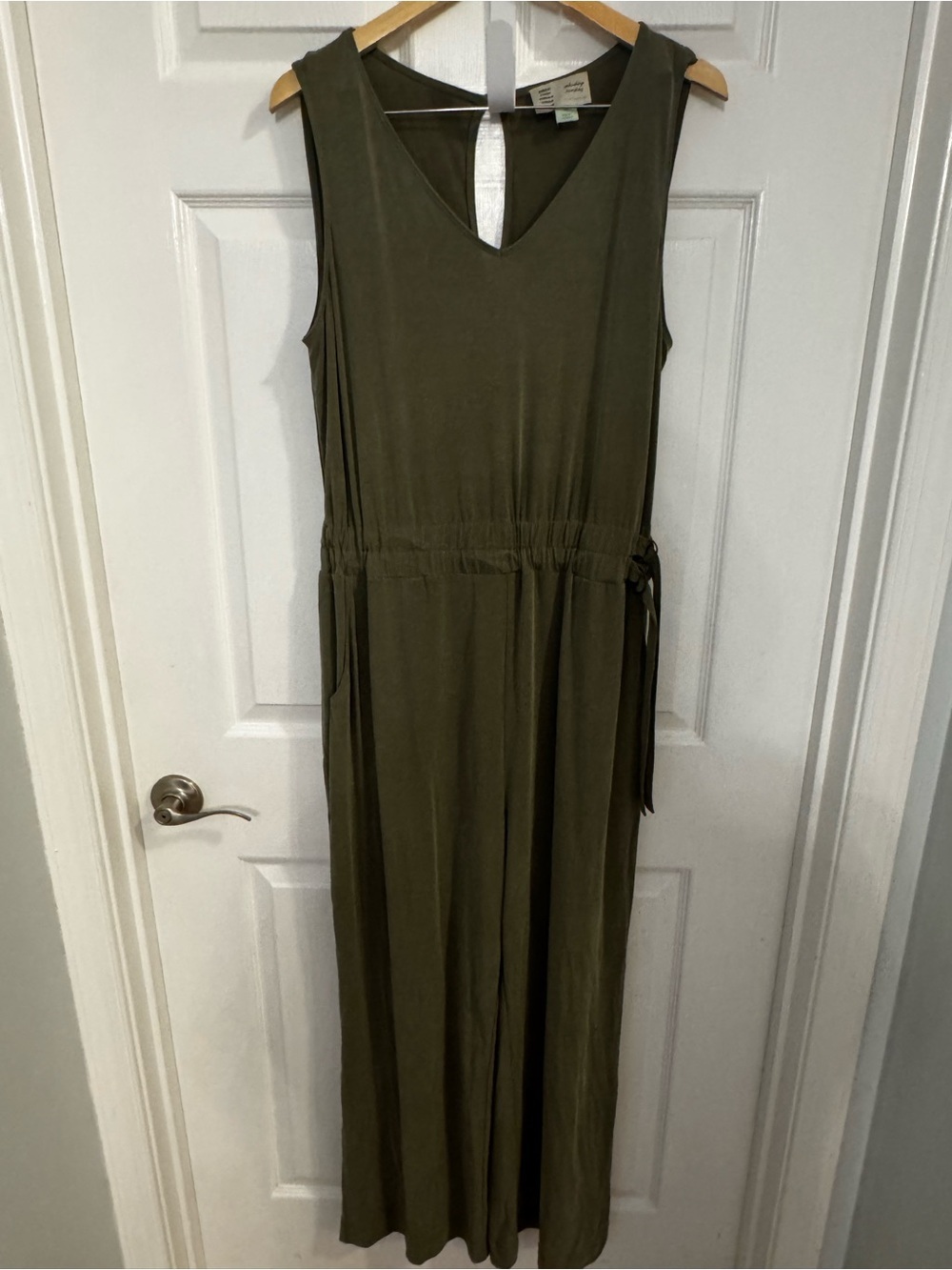 Anthropologie Olive Green Sleeveless V-Neck Drawstring-Waist Jumpsuit